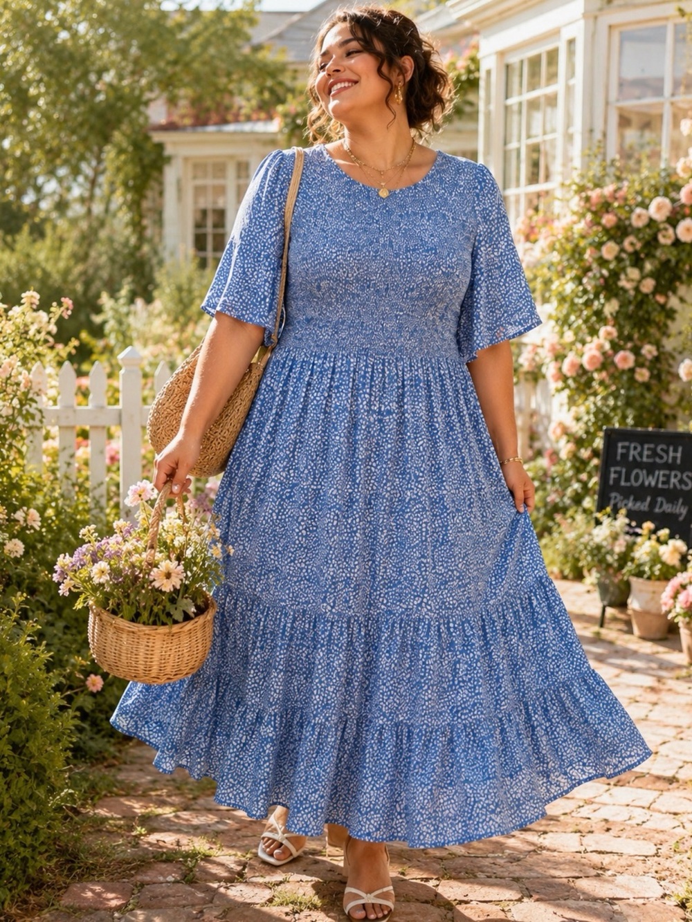 Plus Size Blue Floral Smocked Maxi Dress - Women